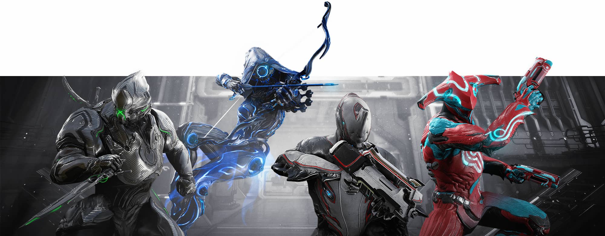 A group of Warframes in platform exclusive skins standing shoulder to shoulder ready to take on foes.