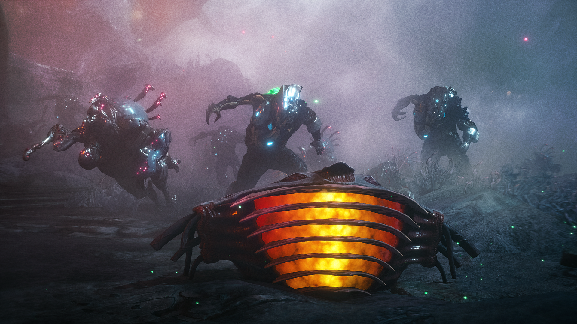 Official Warframe screenshot showing Infested creatures gathered around a glowing orange organic structure