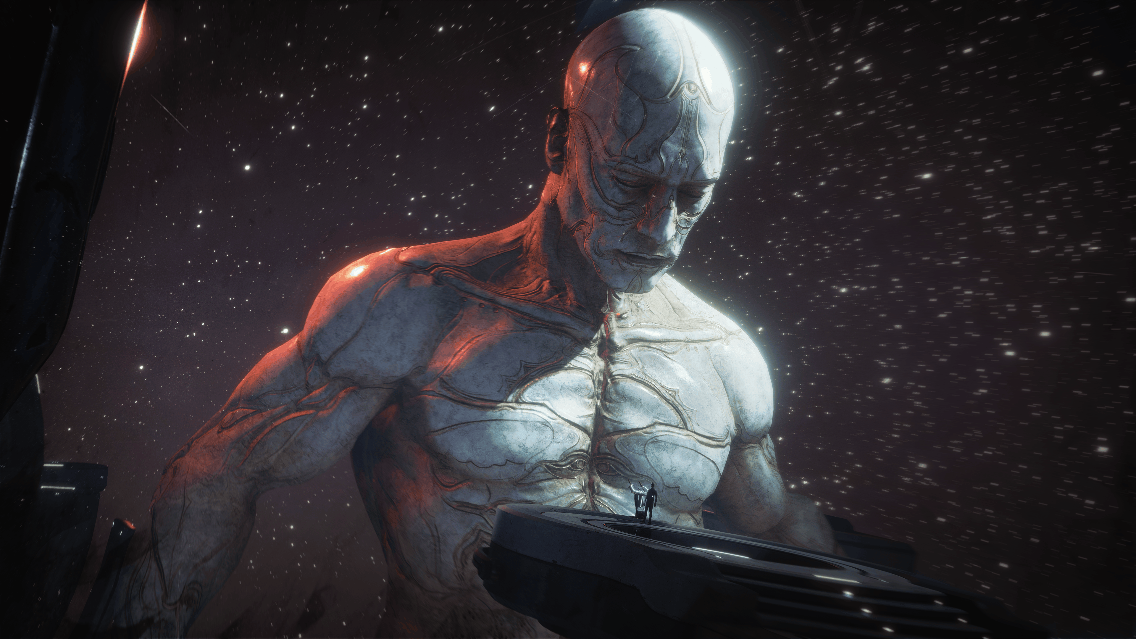 Official Warframe image showing a massive pale Vessel viewed from a platform in space